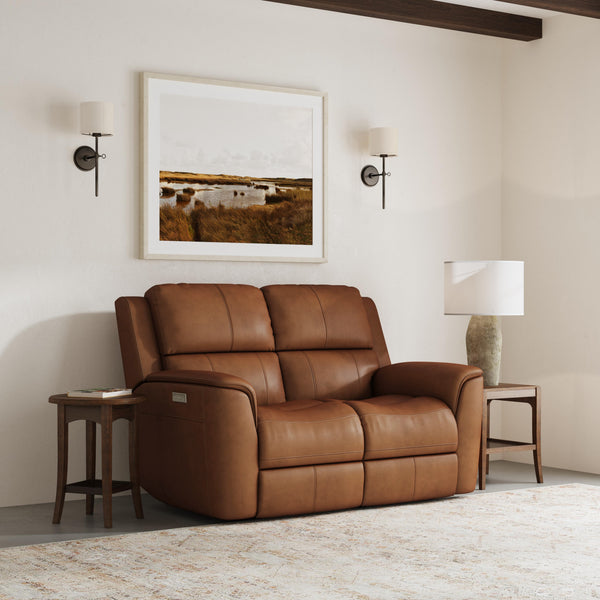 Flexsteel Harrison Leather Triple Power Loveseat with Heat & Massage in Caramel