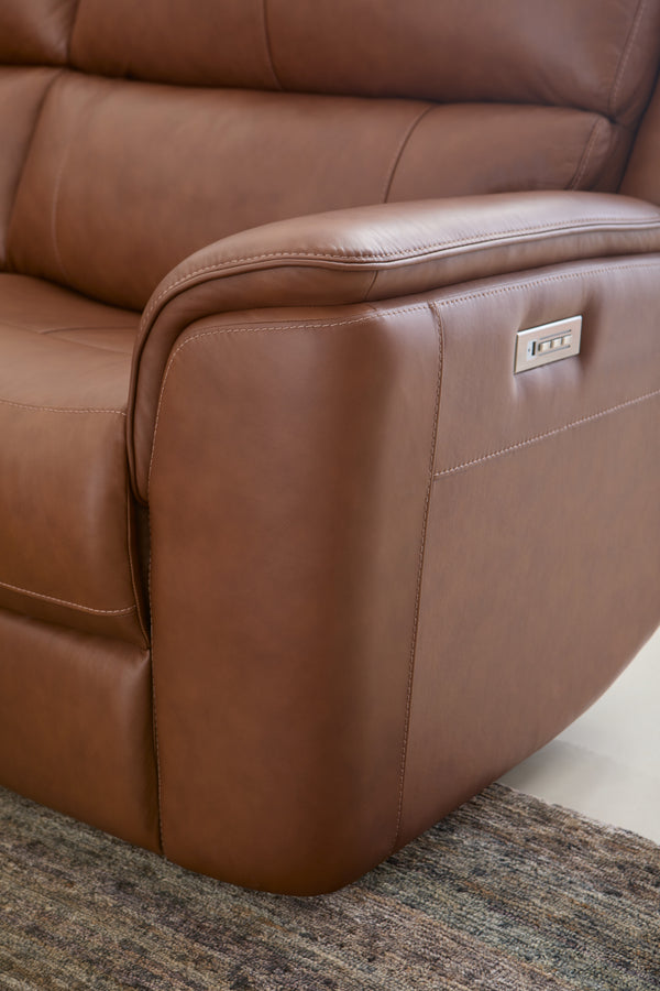 Flexsteel Harrison Leather Triple Power Reclining Sofa with Heat & Massage in Caramel