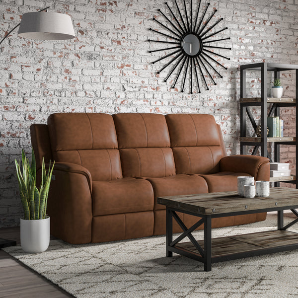 Flexsteel Harrison Leather Triple Power Reclining Sofa with Heat & Massage in Caramel