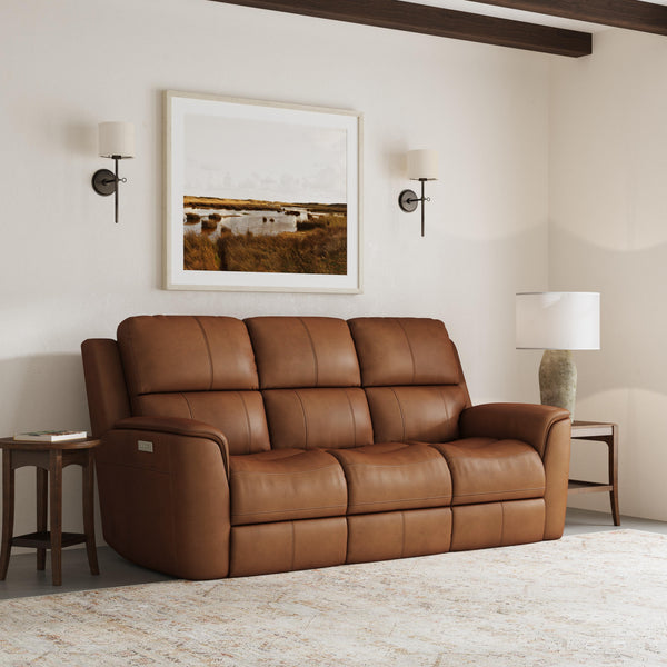 Flexsteel Harrison Leather Triple Power Reclining Sofa with Heat & Massage in Caramel