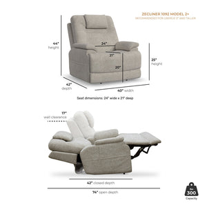 Flexsteel Zecliner Model 2+ Dove Fabric Power Lift Sleep Recliner with Power Headrest, Lumbar, Heat & Massage