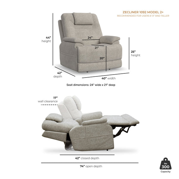 Flexsteel Zecliner Model 2+ Dove Fabric Power Lift Sleep Recliner with Power Headrest, Lumbar, Heat & Massage