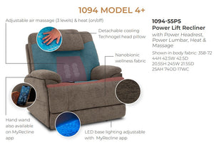 Flexsteel MODEL 4+ Power Lift Recliner with Power Headrest, Power Lumbar, Heat & Massage Umber
