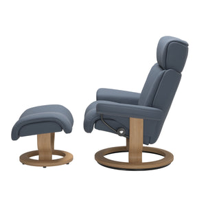 Stressless Magic Large Classic Base Chair & Ottoman in Paloma Sparrow Blue with Oak Finish