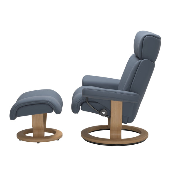 Stressless Magic Small Classic Base Chair & Ottoman in Paloma Sparrow Blue Leather with Oak Finish