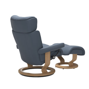 Stressless Magic Large Classic Base Chair & Ottoman in Paloma Sparrow Blue with Oak Finish