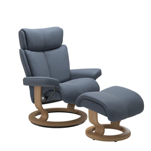 Stressless Magic Large Classic Base Chair & Ottoman in Paloma Sparrow Blue with Oak Finish