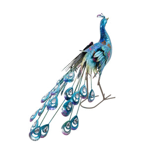 UMA Home Decor Teal Metal Peacock Indoor / Outdoor Garden Sculpture with Crystal Accents 31"X7"X20"