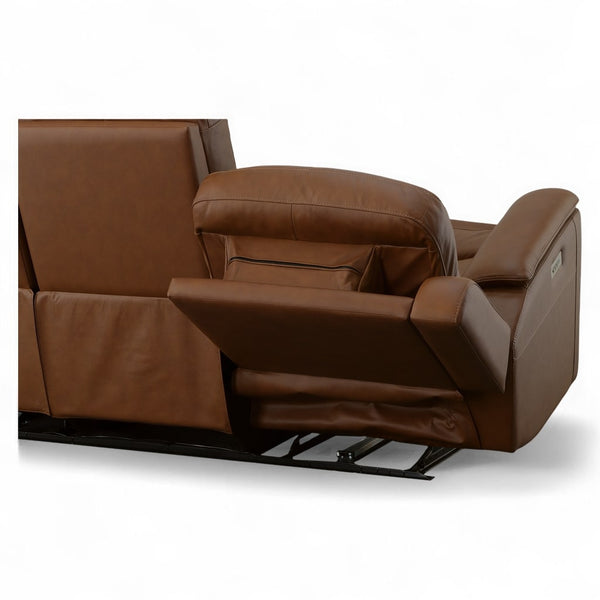 Flexsteel Harrison Leather Triple Power Reclining Sofa with Heat & Massage in Caramel