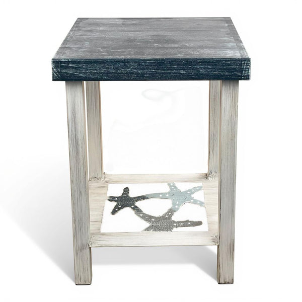 Cottage/Nautical Square Iron End Table with Starfsih Accent and Wood Top