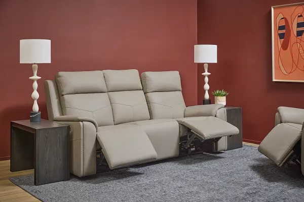 Flexsteel Vernon Triple Power Dove Grey Fabric Sofa with Power Headrest, Lumbar, Heat & Massage