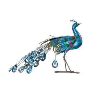UMA Home Decor Teal Metal Peacock Indoor / Outdoor Garden Sculpture with Crystal Accents 31"X7"X20"