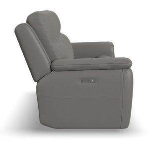 Flexsteel Sawyer Grey Leather Power Reclining Sofa with Power & Lumbar