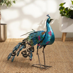 UMA Home Decor Teal Metal Peacock Indoor / Outdoor Garden Sculpture with Crystal Accents 31"X7"X20"