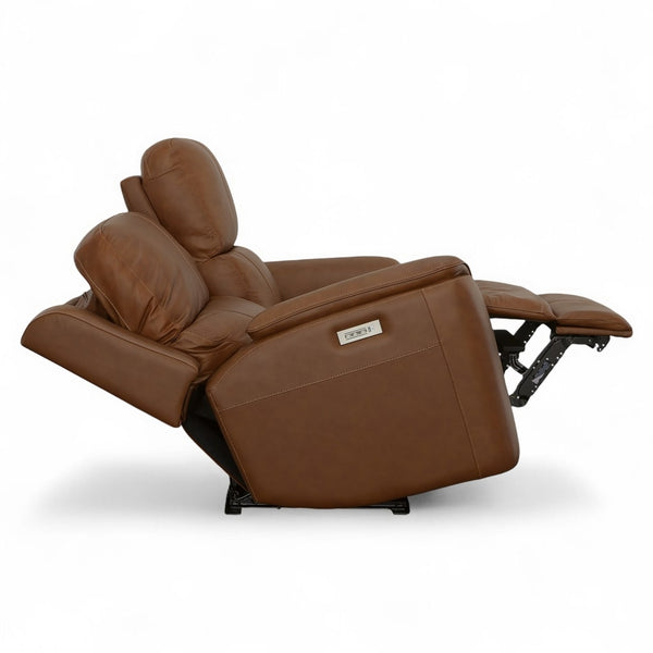 Flexsteel Harrison Leather Triple Power Loveseat with Heat & Massage in Caramel