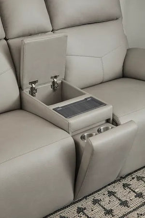 Flexsteel Vernon Triple Power Dove Grey Fabric Console Loveseat with Power Headrest, Lumbar, Heat & Massage