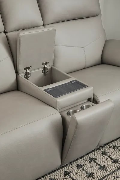 Flexsteel Vernon Triple Power Dove Grey Fabric Console Loveseat with Power Headrest, Lumbar, Heat & Massage