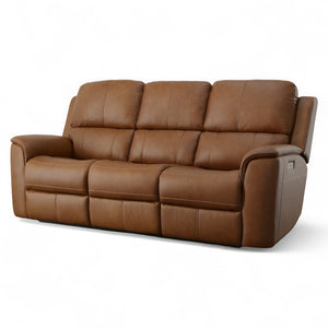 Flexsteel Harrison Leather Triple Power Reclining Sofa with Heat & Massage in Caramel