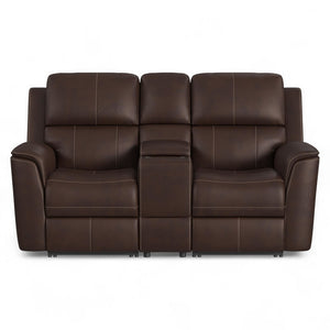Flexsteel Harrison Leather Triple Power Console Loveseat with Heat & Massage in Burnt Umber