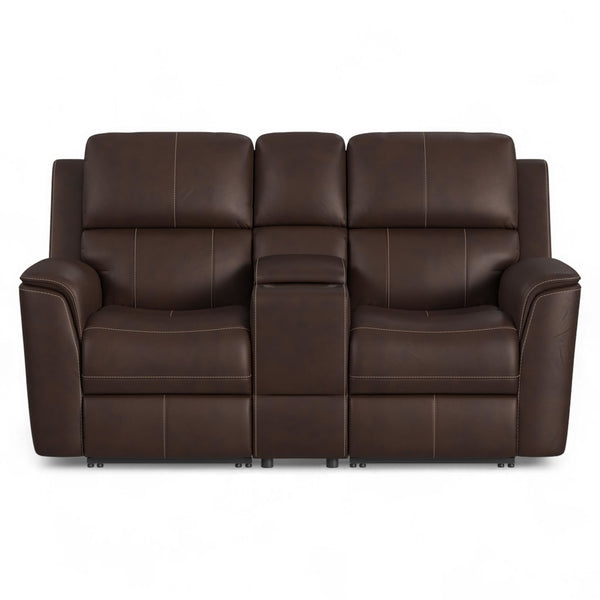Flexsteel Harrison Leather Triple Power Console Loveseat with Heat & Massage in Burnt Umber
