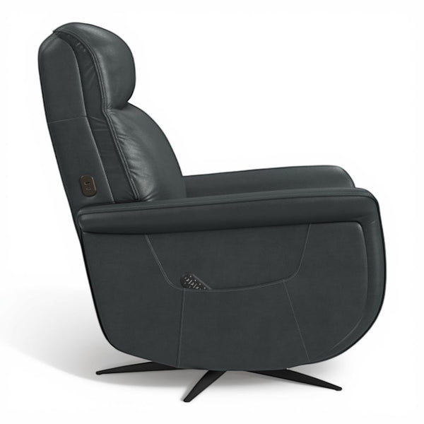 Flexsteel Zen Leather Power Swivel Recliner with Power Headrest, Heat, Massage & Ventilation in Whale Blue