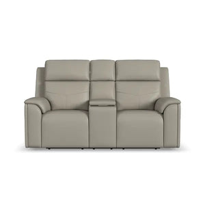 Flexsteel Vernon Triple Power Dove Grey Fabric Console Loveseat with Power Headrest, Lumbar, Heat & Massage