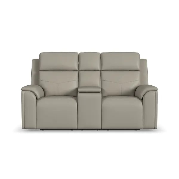 Flexsteel Vernon Triple Power Dove Grey Fabric Console Loveseat with Power Headrest, Lumbar, Heat & Massage