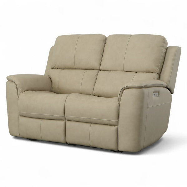 Flexsteel Harrison Leather Triple Power Loveseat with Heat & Massage in Beige
