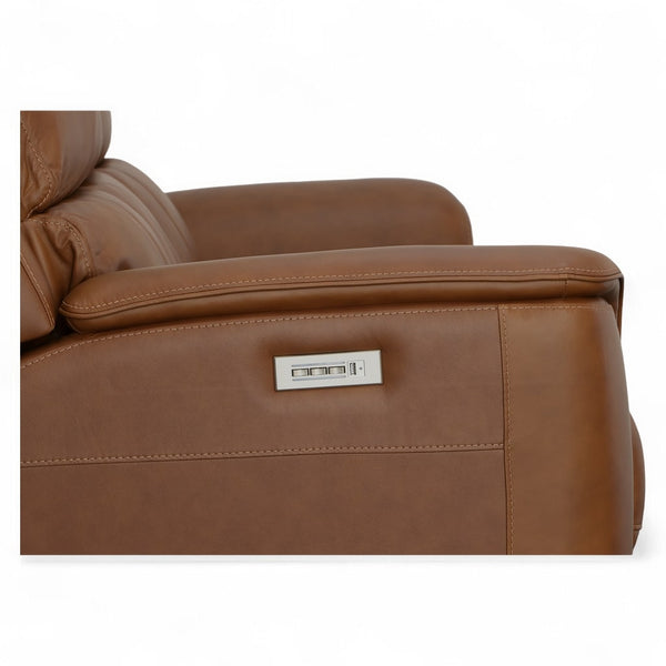 Flexsteel Harrison Leather Triple Power Reclining Sofa with Heat & Massage in Caramel