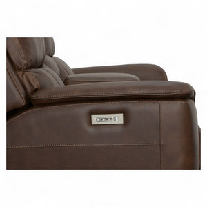 Flexsteel Harrison Leather Triple Power Console Loveseat with Heat & Massage in Burnt Umber