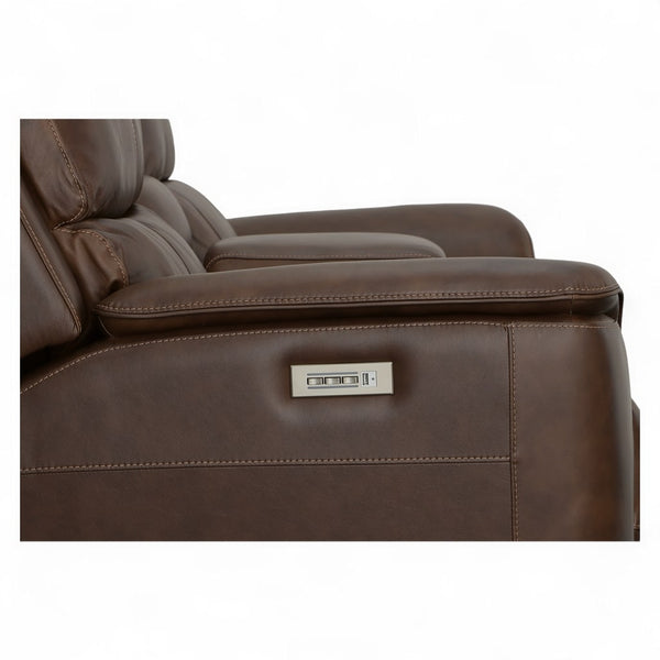 Flexsteel Harrison Leather Triple Power Console Loveseat with Heat & Massage in Burnt Umber