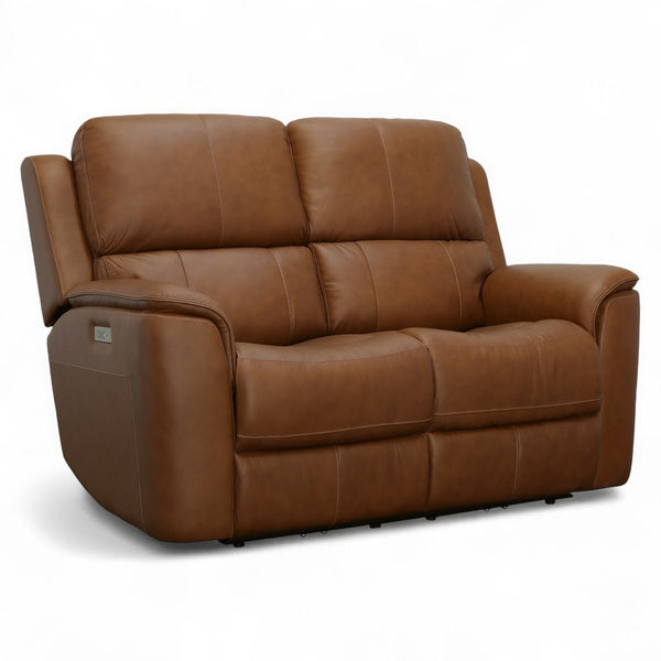 Flexsteel Harrison Leather Triple Power Loveseat with Heat & Massage in Caramel