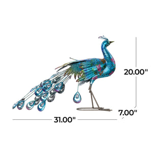 UMA Home Decor Teal Metal Peacock Indoor / Outdoor Garden Sculpture with Crystal Accents 31"X7"X20"