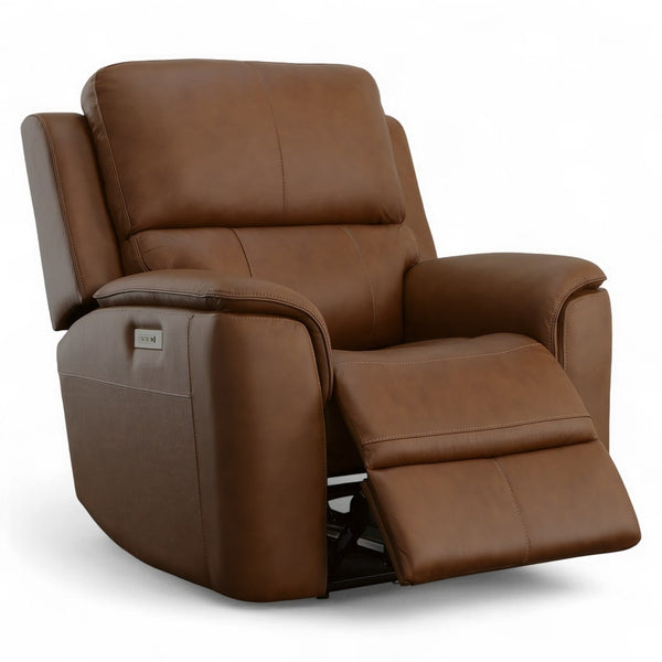 Flexsteel Harrison Leather Triple Power Recliner with Heat & Massage in Caramel