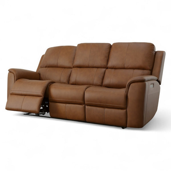 Flexsteel Harrison Leather Triple Power Reclining Sofa with Heat & Massage in Caramel