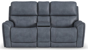 Flexsteel Carter Power Reclining Loveseat with Console, Power Headrests & Lumbar in Slate Fabric
