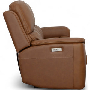 Flexsteel Harrison Leather Triple Power Reclining Sofa with Heat & Massage in Caramel
