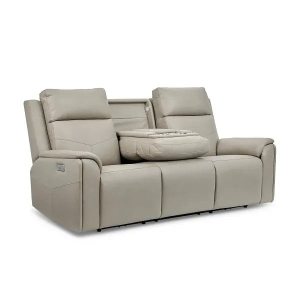 Flexsteel Vernon Triple Power Dove Grey Fabric Sofa with Power Headrest, Lumbar, Heat & Massage