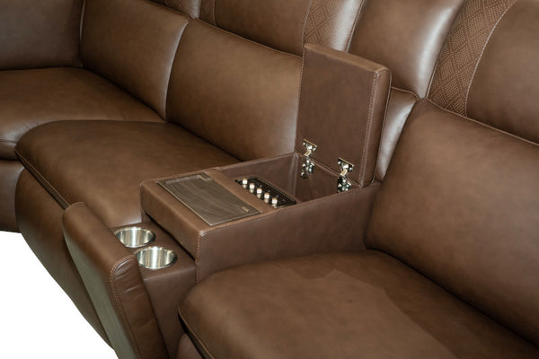 Flexsteel Sense Italian Leather 6-Piece Power Reclining Sectional with Console, Power Headrests, Lumbar & Pulse Immersive Audio in Espresso