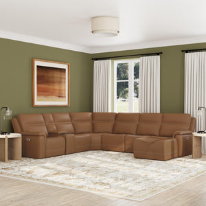 Flexsteel Sawyer Harvest Brown Leather Power Reclining Chaise Sectional with Power Headrests & Lumbar