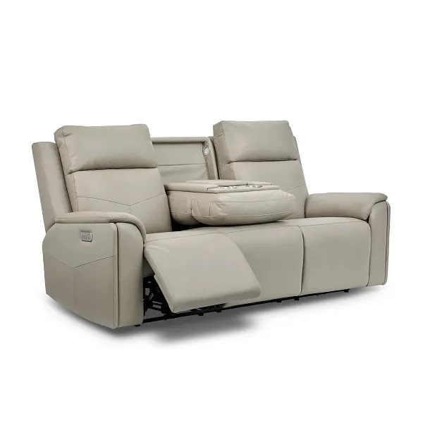 Flexsteel Vernon Triple Power Dove Grey Fabric Sofa with Power Headrest, Lumbar, Heat & Massage
