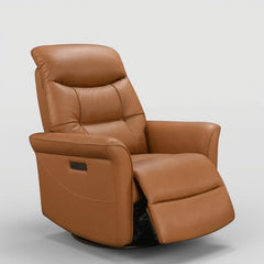 Leather Italia Jennings Camel Leather Swivel Glider Chair with USB, Power Headrest & Footrest