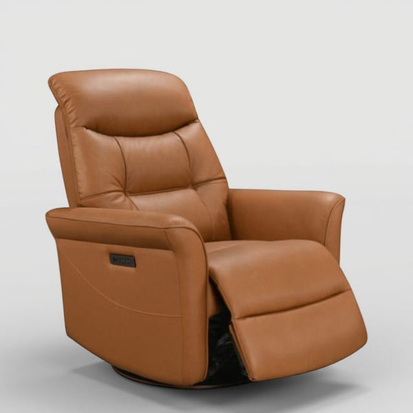 Leather Italia Jennings Camel Leather Swivel Glider Chair with USB, Power Headrest & Footrest