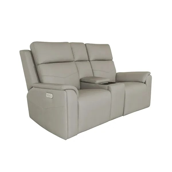 Flexsteel Vernon Triple Power Dove Grey Fabric Console Loveseat with Power Headrest, Lumbar, Heat & Massage
