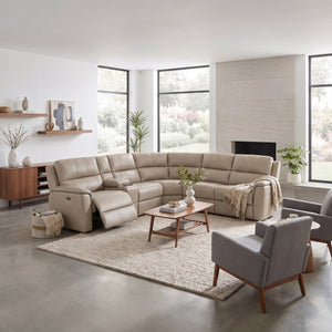 Flexsteel Harrisson Beige Leather 6-Piece Power Reclining Sectional with Heat & Massage