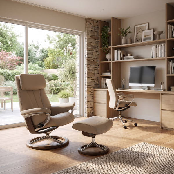 Stressless Paul Signature Base Medium Chair & Ottoman in Paloma Mushroom