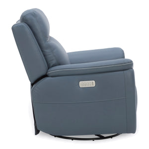 Flexsteel Sawyer Leather Swivel Glider with Power Headrest, Lumbar, Heat & Massage in Marine