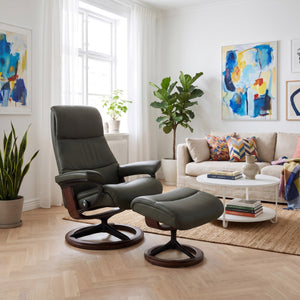Stressless View Signature Base Large Chair & Ottoman in Paloma Dark Olive