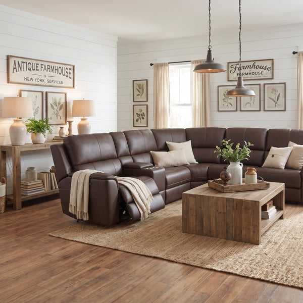 Flexsteel Harrison Burnt Umber Leather 6-Piece Power Reclining Sectional with Heat & Massage