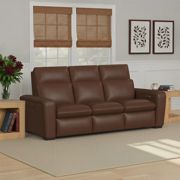 Flexsteel Sense Italian Leather Power Reclining Sofa with Power Headrest, Lumbar & Pulse in Espresso